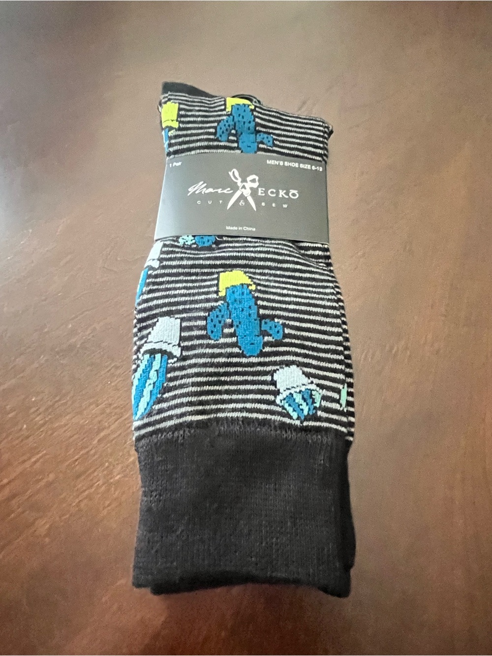 Marc Ecko Black Striped Socks with Blue, Black and Yellow Cactus Motif NEW